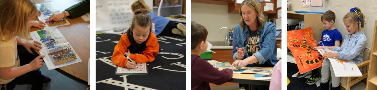 four photos of kindergarten classroom activity